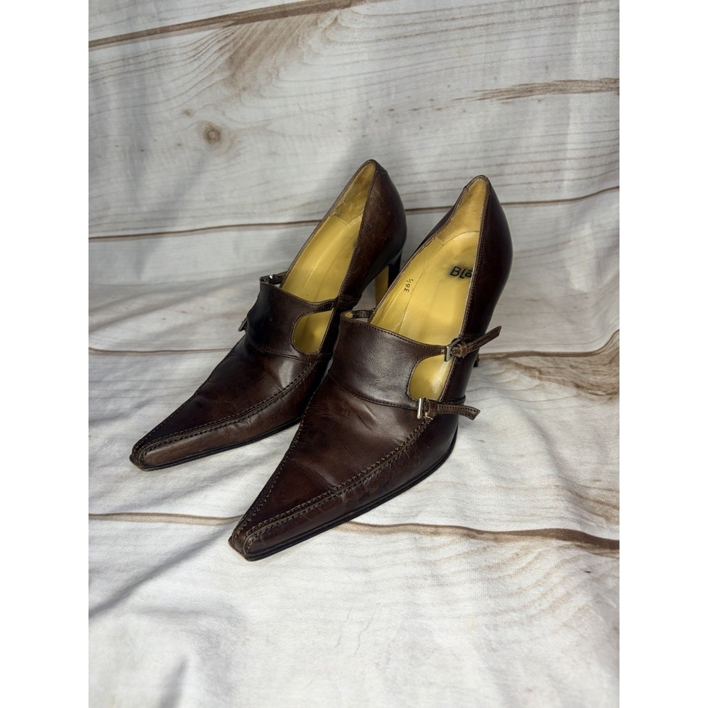 Vintage Y2K Blay Italy Brown Leather Pointed Toe Heels 36.5 Strappy Pumps US 6.5